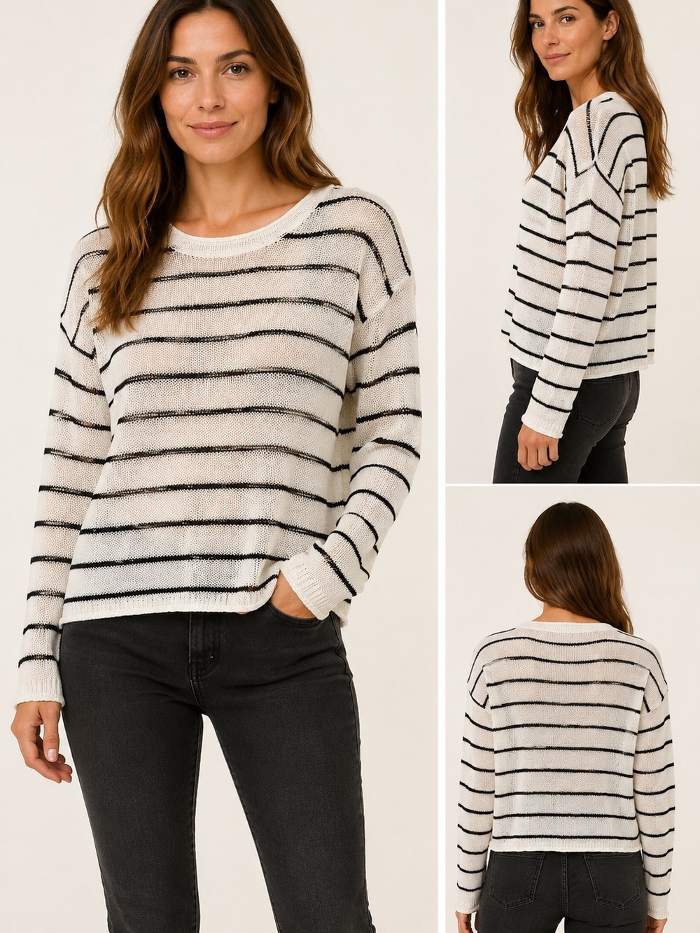 CUPSHE Black & Ivory Striped Open Knit Sweater Size S NWT